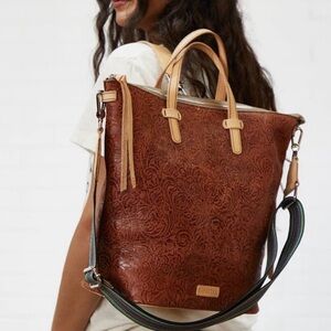 Consuela Rust Brown Tooled Leather Tote with Cream Handles